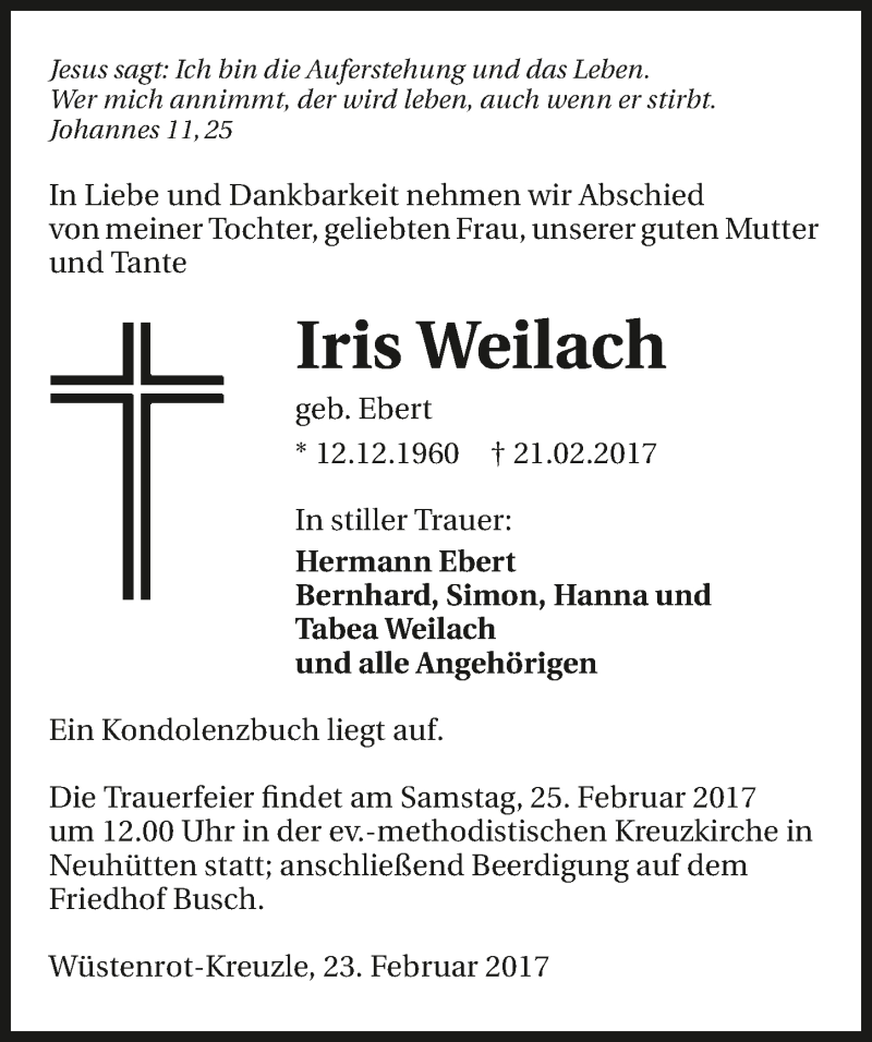  Traueranzeige für Iris Weilach vom 23.02.2017 aus 