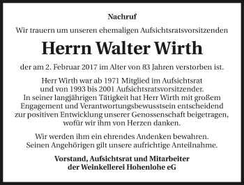 Traueranzeige von Walter Wirth 