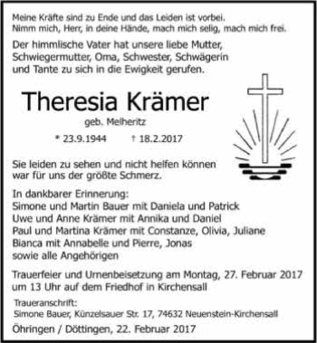 Traueranzeige von Theresa Krämer 