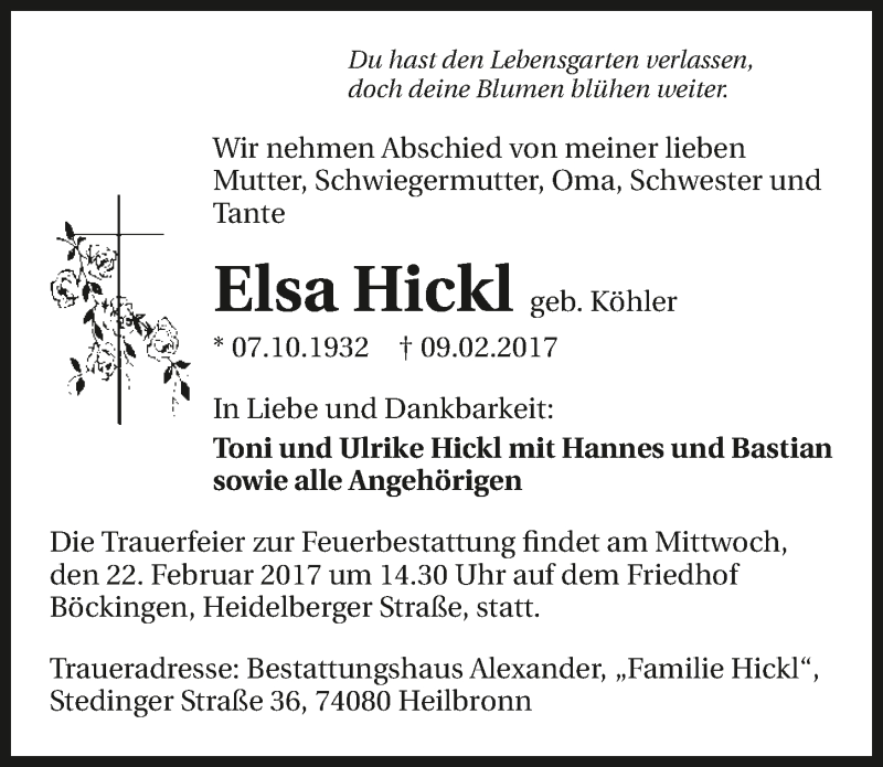  Traueranzeige für Elsa Hickl vom 18.02.2017 aus 