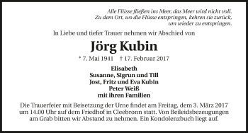 Traueranzeige von Jörg Kubin 