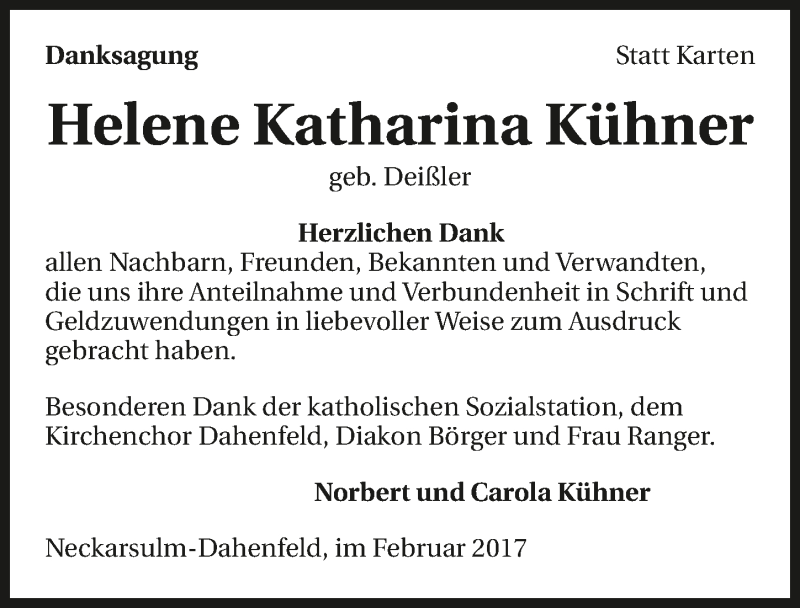  Traueranzeige für Helene Kühner vom 22.02.2017 aus 