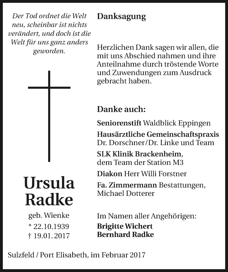  Traueranzeige für Ursula Radtke vom 18.02.2017 aus 