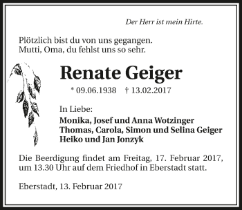 Traueranzeige von Renate Geiger 
