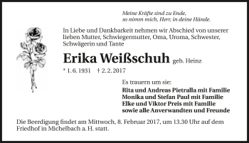 Traueranzeige von Erika Weißschuh 