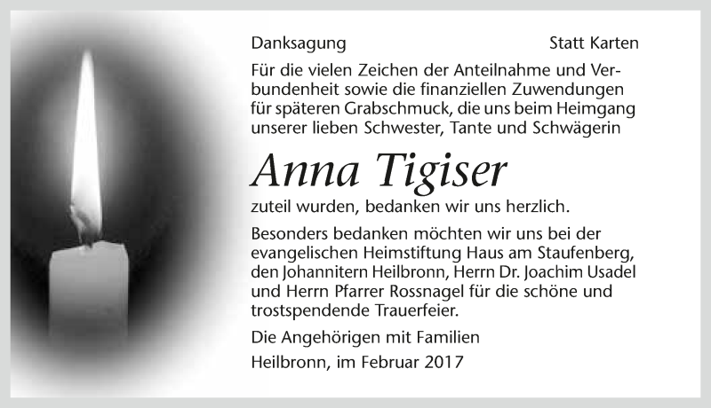  Traueranzeige für Anna Tigiser vom 25.02.2017 aus 