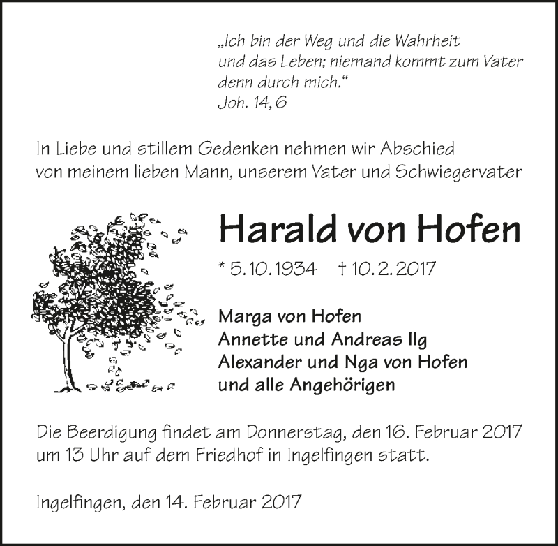  Traueranzeige für Harald von Hofen vom 14.02.2017 aus 