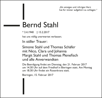 Traueranzeige von Bernd Stahl 