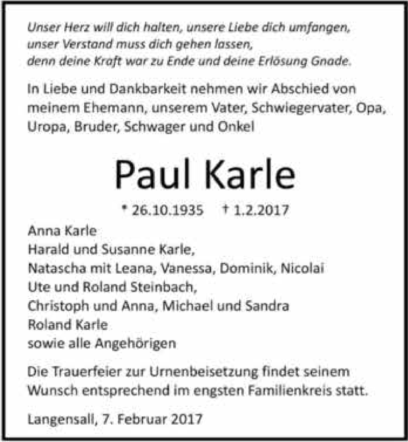  Traueranzeige für Paul Karle vom 07.02.2017 aus 