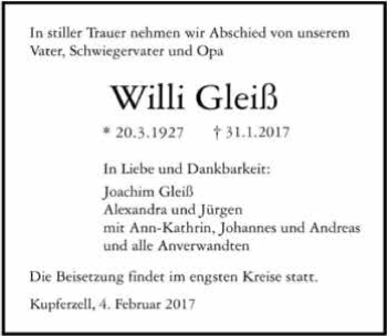 Traueranzeige von Willi Gleiß 
