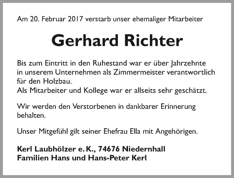  Traueranzeige für Gerhard Richter vom 24.02.2017 aus 