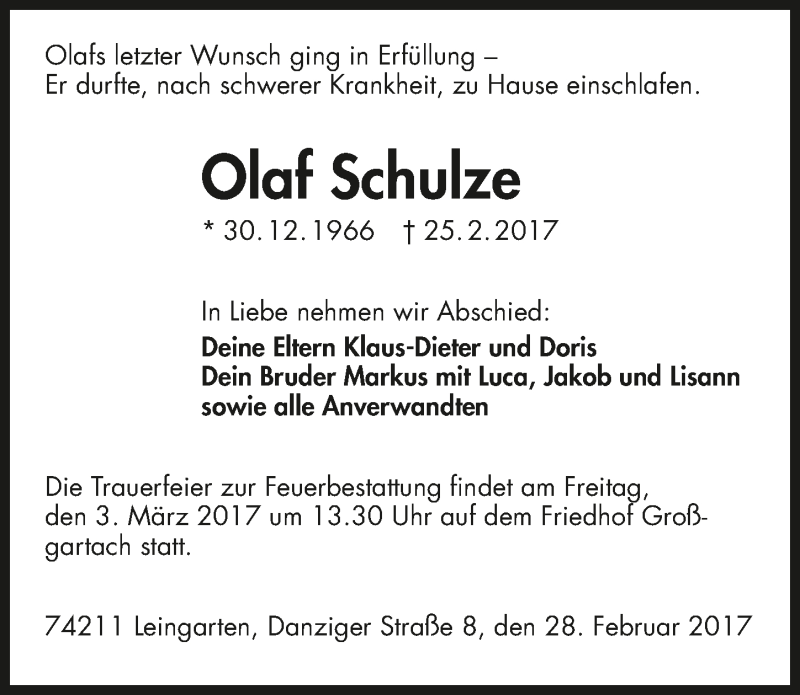  Traueranzeige für Olaf Schulze vom 28.02.2017 aus 