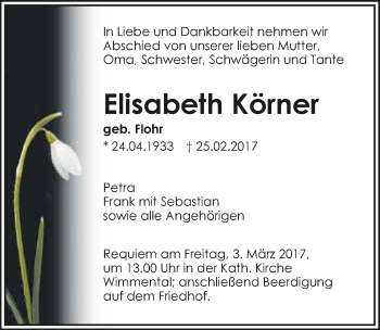 Traueranzeige von Elisabeth Körner 