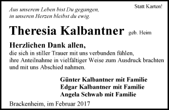 Traueranzeige von Theresia Kalbantner 
