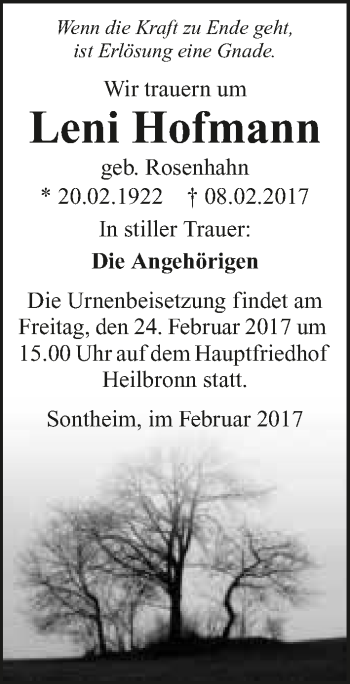 Traueranzeige von Leni Hofmann 