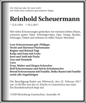 Traueranzeige von Reinhold Scheuermann 