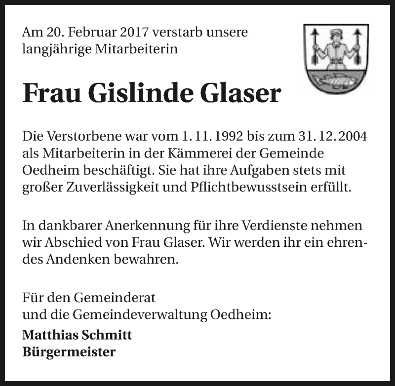  Traueranzeige für Gislinde Glaser vom 22.02.2017 aus 