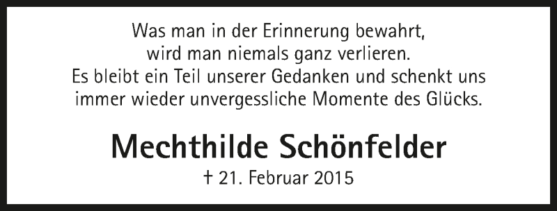  Traueranzeige für Mechthilde Schönfelder vom 21.02.2017 aus 
