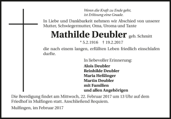 Traueranzeige von Mathilde Deubler 