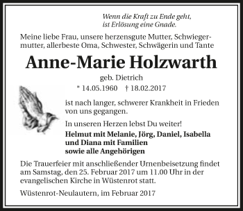 Traueranzeige von Anne-Marie Holzwarth 