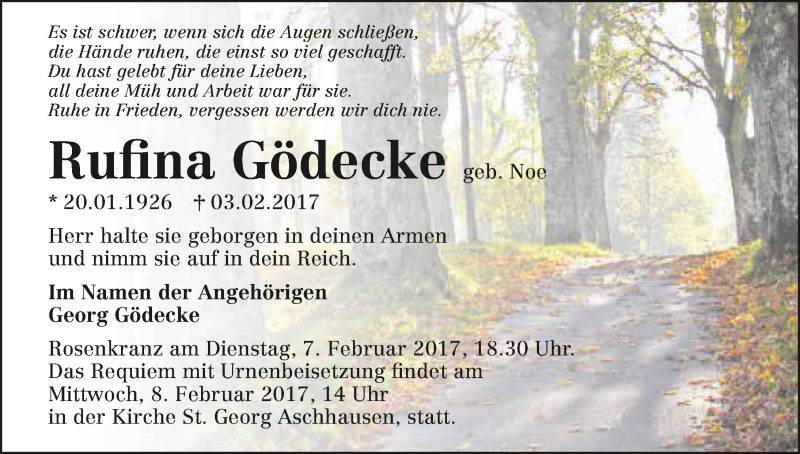 Traueranzeige für Rufina Gödecke vom 06.02.2017 aus 