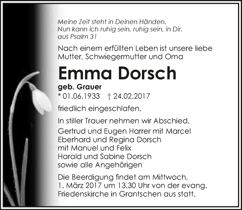  Traueranzeige für Emma Dorsch vom 27.02.2017 aus 