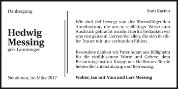 Traueranzeige von Hedwig Messing 