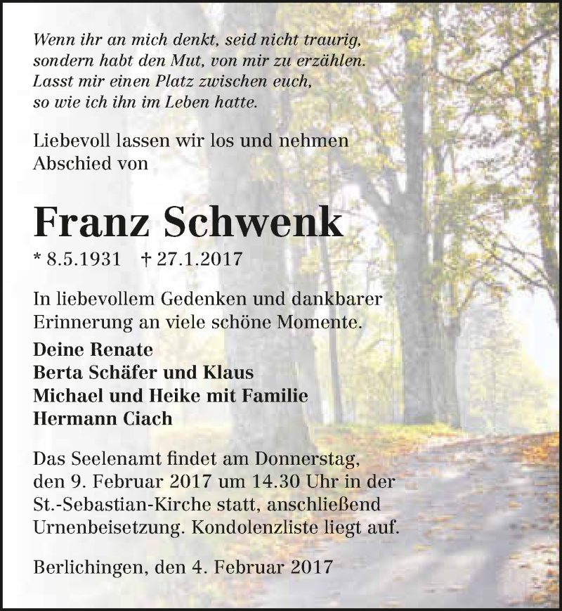  Traueranzeige für Franz Schwenk vom 04.02.2017 aus 