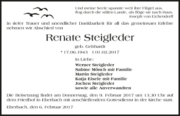 Traueranzeige von Renate Steigleder 