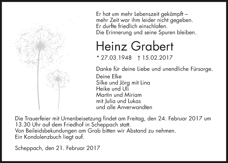 Traueranzeige für Heinz Grabert vom 21.02.2017 aus 