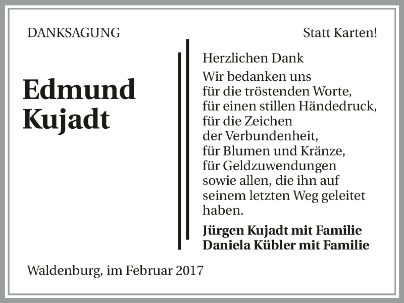  Traueranzeige für Edmund Kujadt vom 11.02.2017 aus 