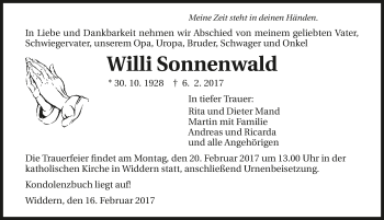 Traueranzeige von Willi Sonnenwald 