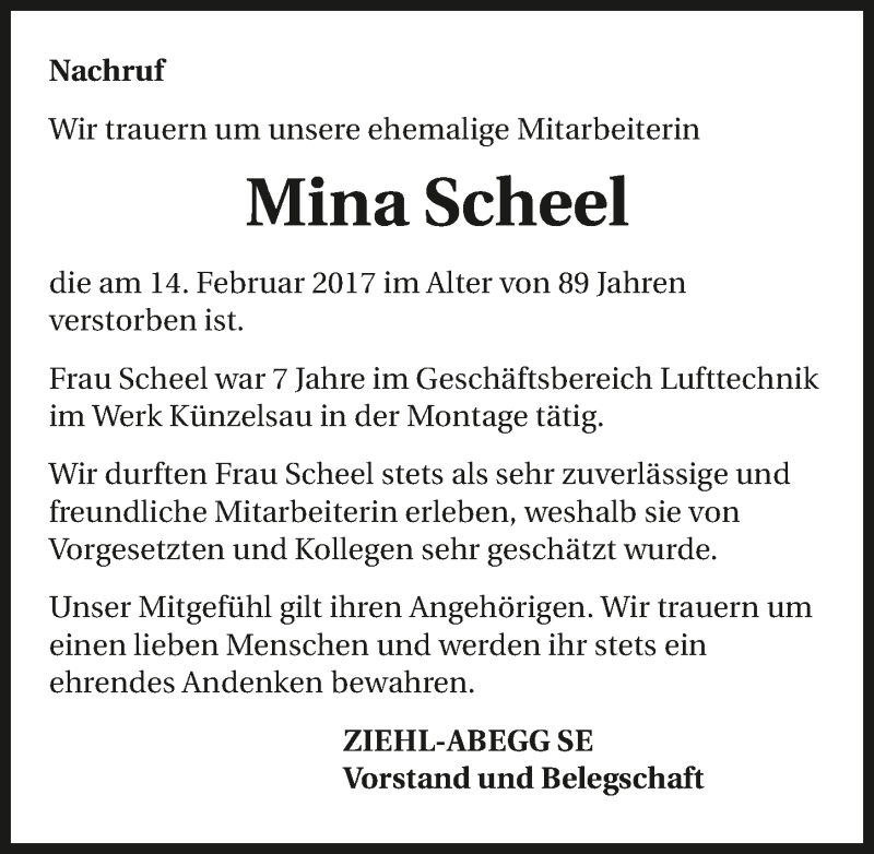  Traueranzeige für Mina Scheel vom 17.02.2017 aus 