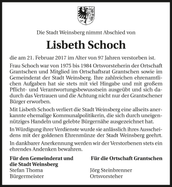 Traueranzeige von Lisbeth Schoch 