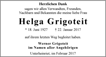 Traueranzeige von Helga Grigoteit 