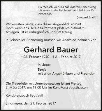 Traueranzeige von Gerhard Bauer 