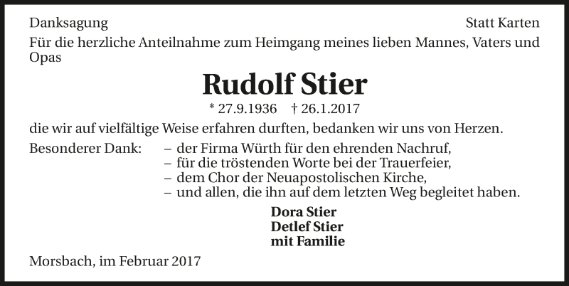  Traueranzeige für Rudolf Stier vom 25.02.2017 aus 