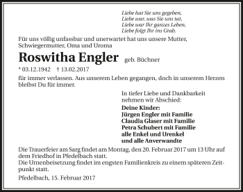 Traueranzeige von Roswita Engler 