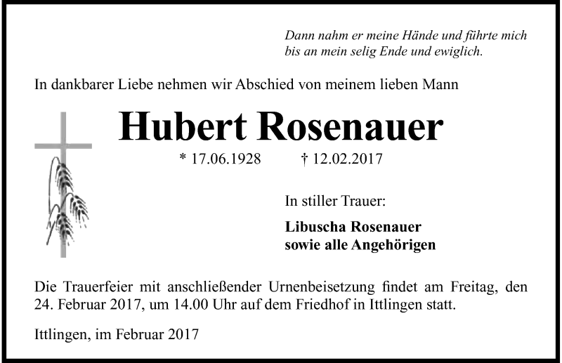  Traueranzeige für Hubert Rosenauer vom 21.02.2017 aus 