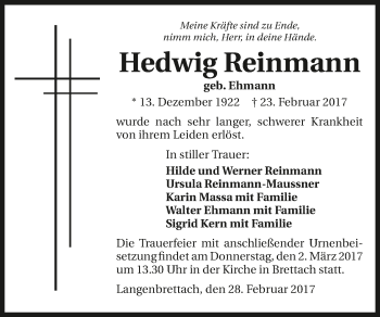 Traueranzeige von Hedwig Reinmann