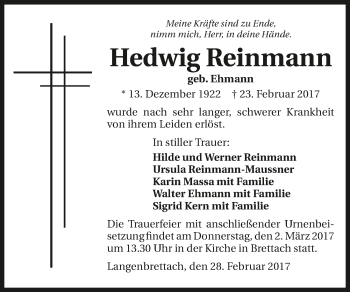 Traueranzeige von Hedwig Reinmann 