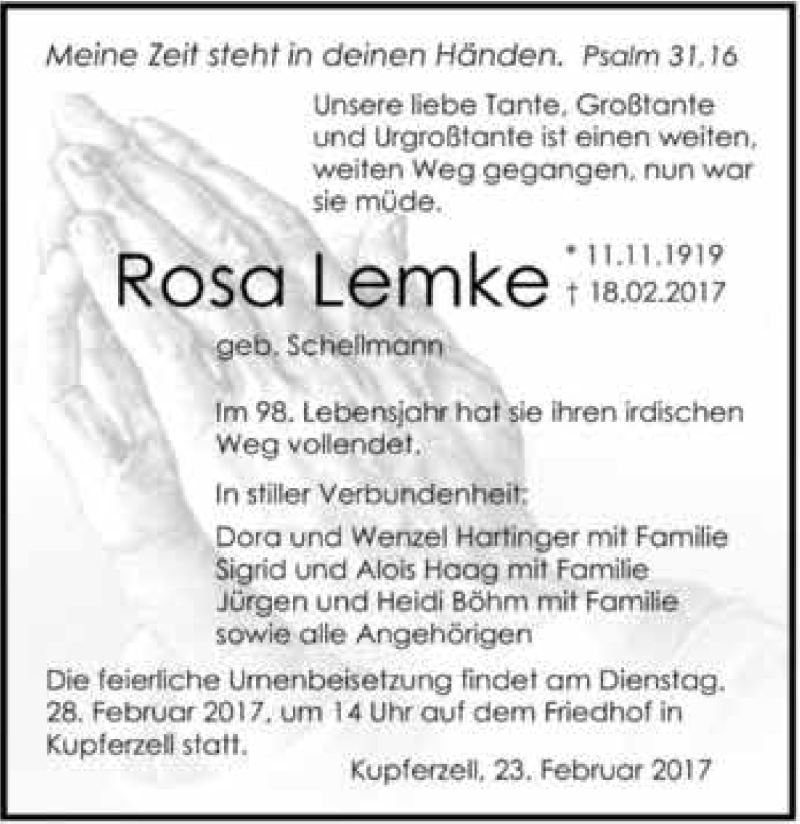  Traueranzeige für Rosa Lemke vom 23.02.2017 aus 