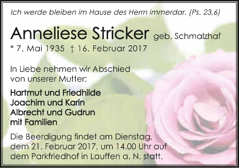  Traueranzeige für Anneliese Stricker vom 18.02.2017 aus 