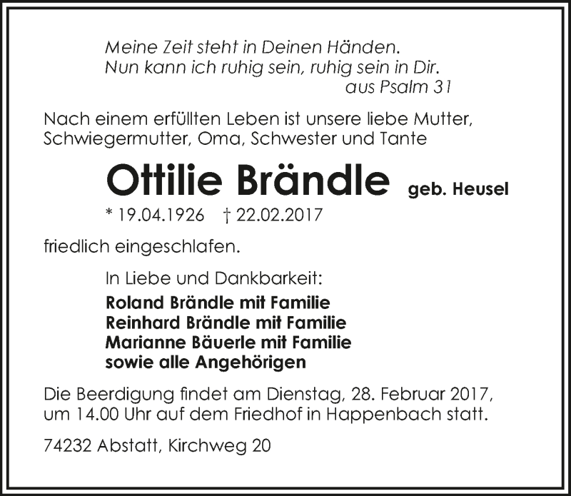  Traueranzeige für Ottilie Brändle vom 25.02.2017 aus 