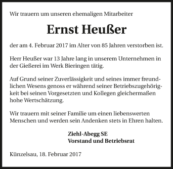 Traueranzeige von Ernst Heußer 