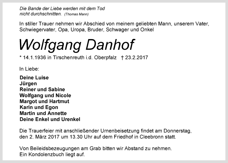  Traueranzeige für Wolfgang Danhof vom 27.02.2017 aus 