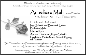Traueranzeige von Anneliese Mahr 