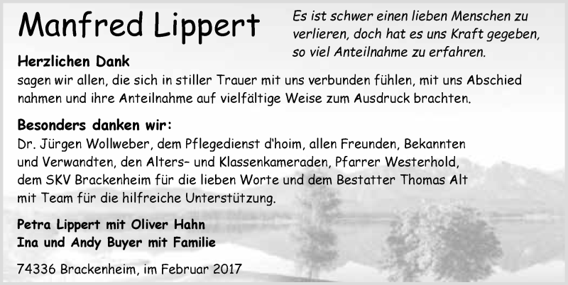  Traueranzeige für Manfred Lippert vom 11.02.2017 aus 