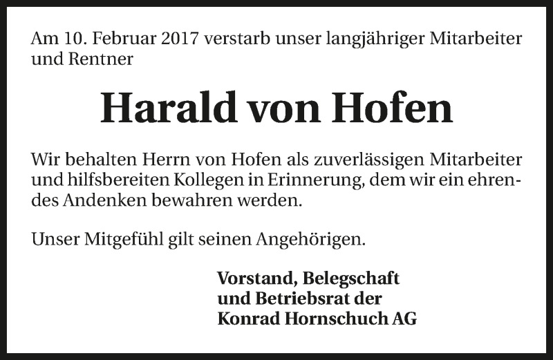  Traueranzeige für Harald von Hofen vom 17.02.2017 aus 