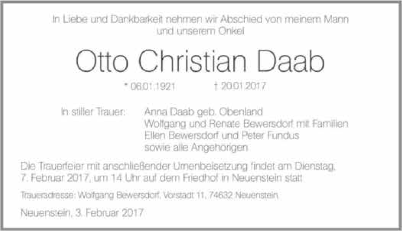  Traueranzeige für Otto Christian Daab vom 03.02.2017 aus 